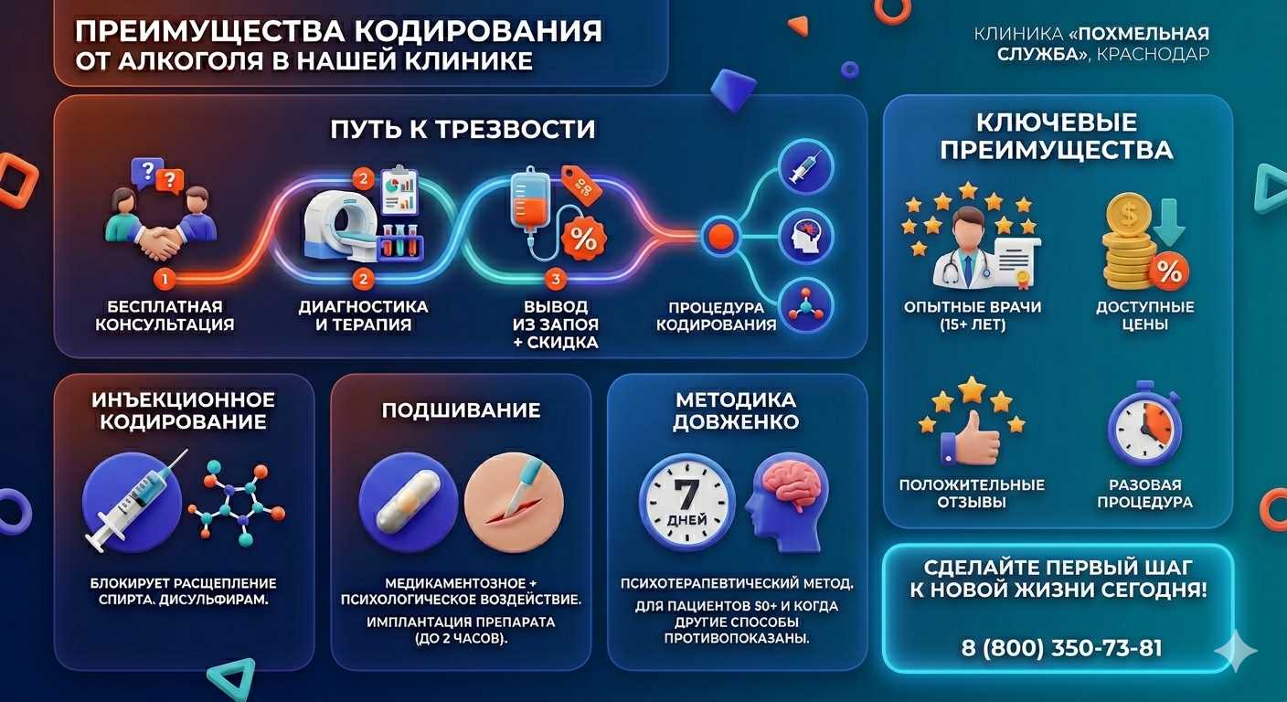 Инфографика о методах кодирования от алкоголя в городе Сегежа: инъекции, подшивание, метод Довженко. Преимущества клиники и этапы лечения.